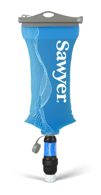Sawyer SP304 water filter system with blue 2 liter CNOC bladder on white background
