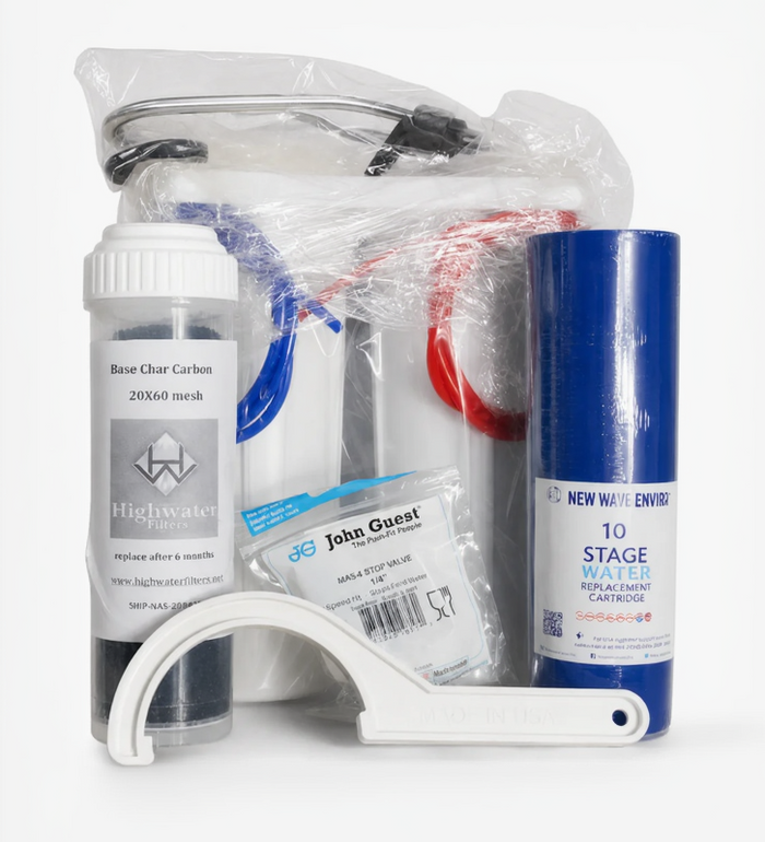 Double under counter water filter system with bone char filter, 10 stage replacement cartridge, tubing, and installation parts on white background